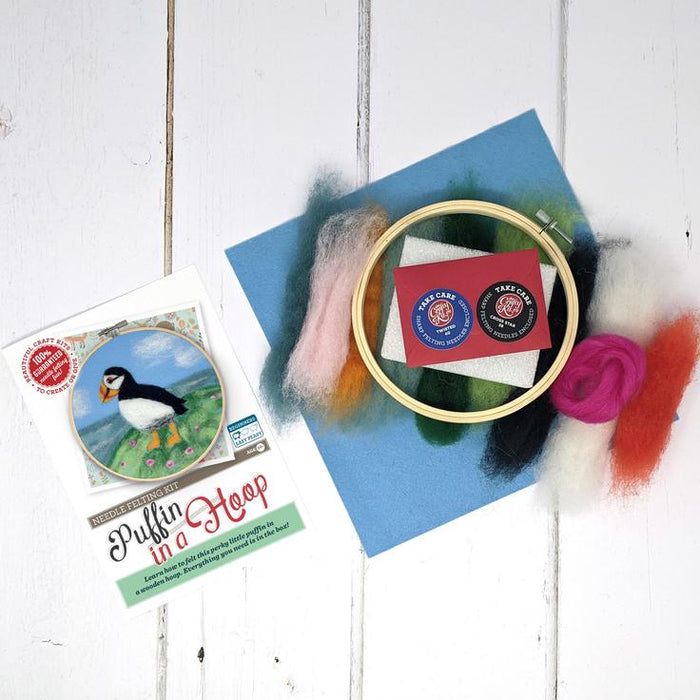 The Crafty Kit Company - Puffin in a Hoop - Needle Felting Kit